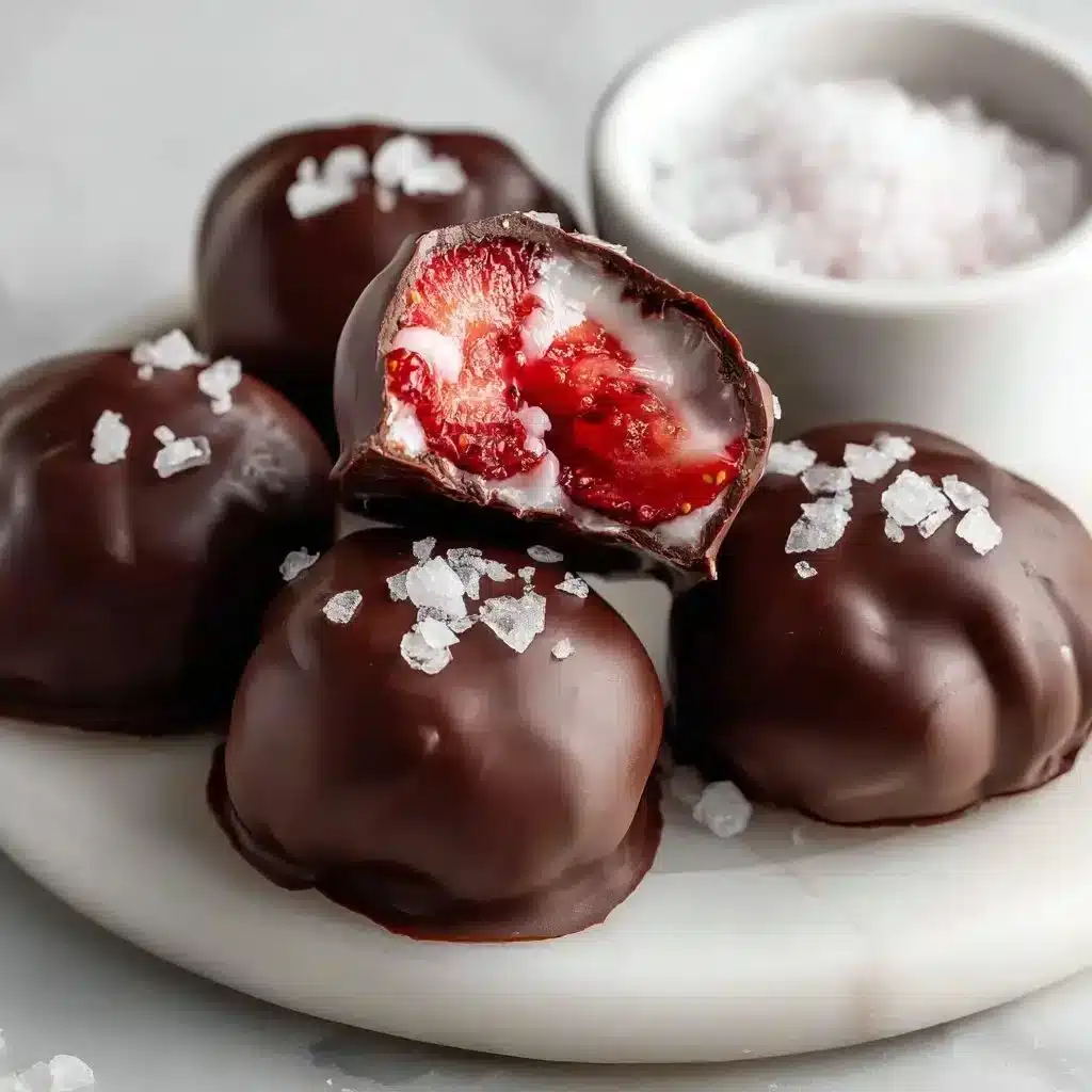 Chocolate Strawberry Frozen Yogurt Bites 2 Chocolate strawberry frozen yogurt bites on a plate