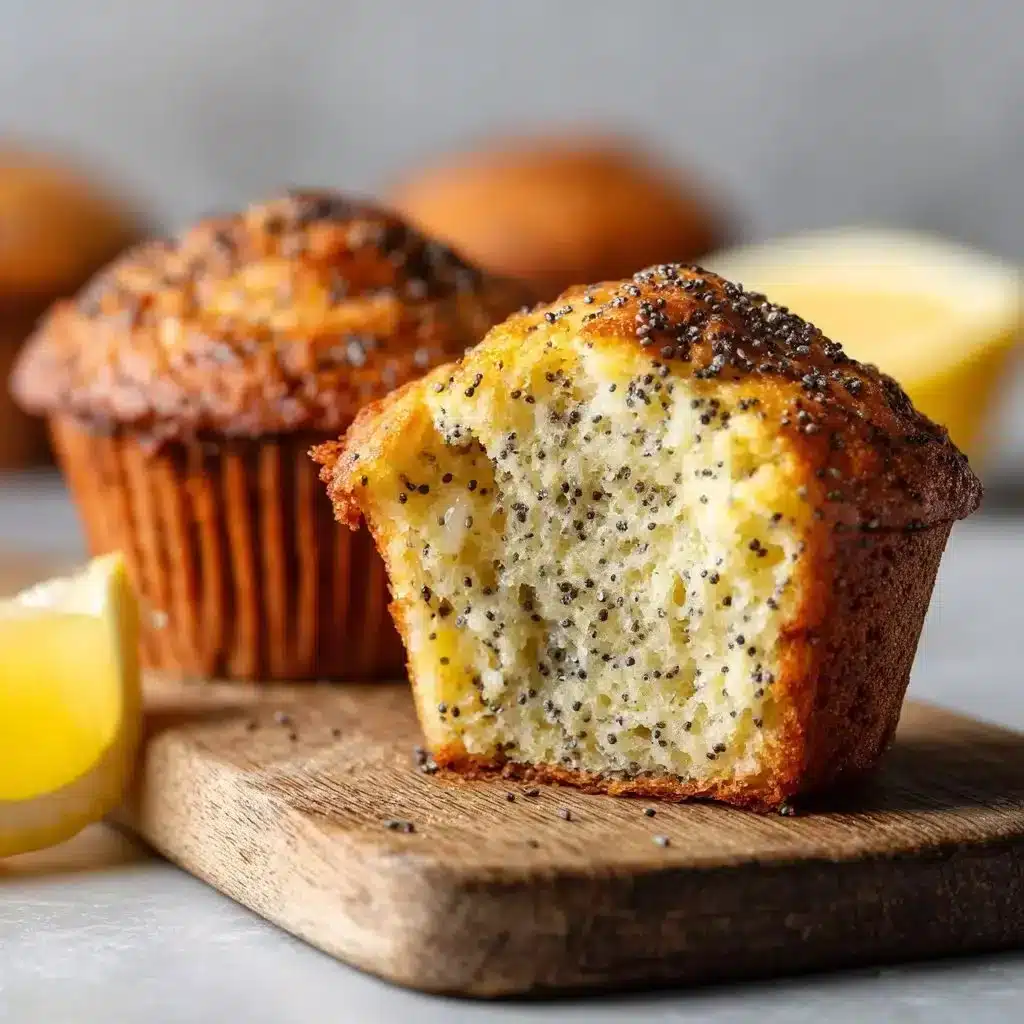 Gluten Free Lemon Poppy Seed Muffins 2 Gluten free lemon poppy seed muffins on a wooden table