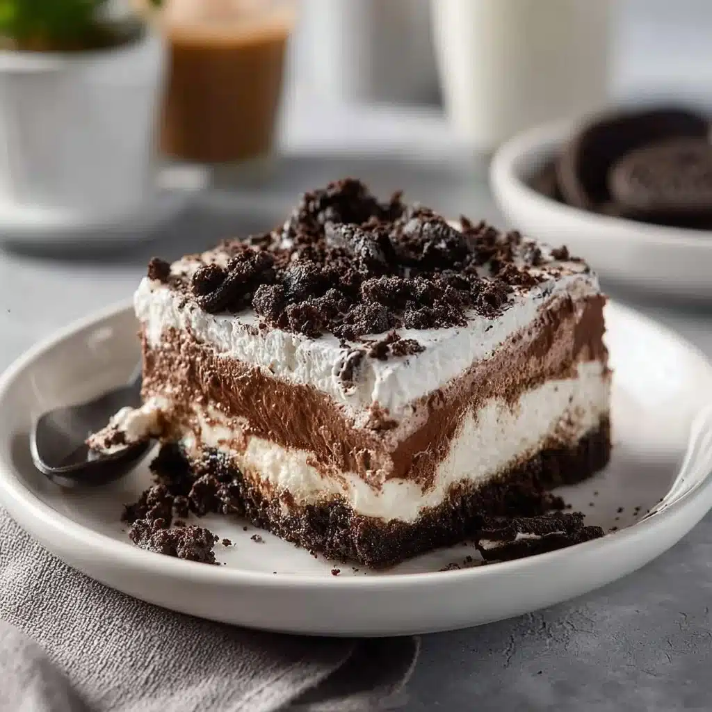 Indulge in Bliss: Layered No-Bake Oreo Dessert Recipe 3 Layered no-bake Oreo dessert in a glass with crumbled Oreos on top