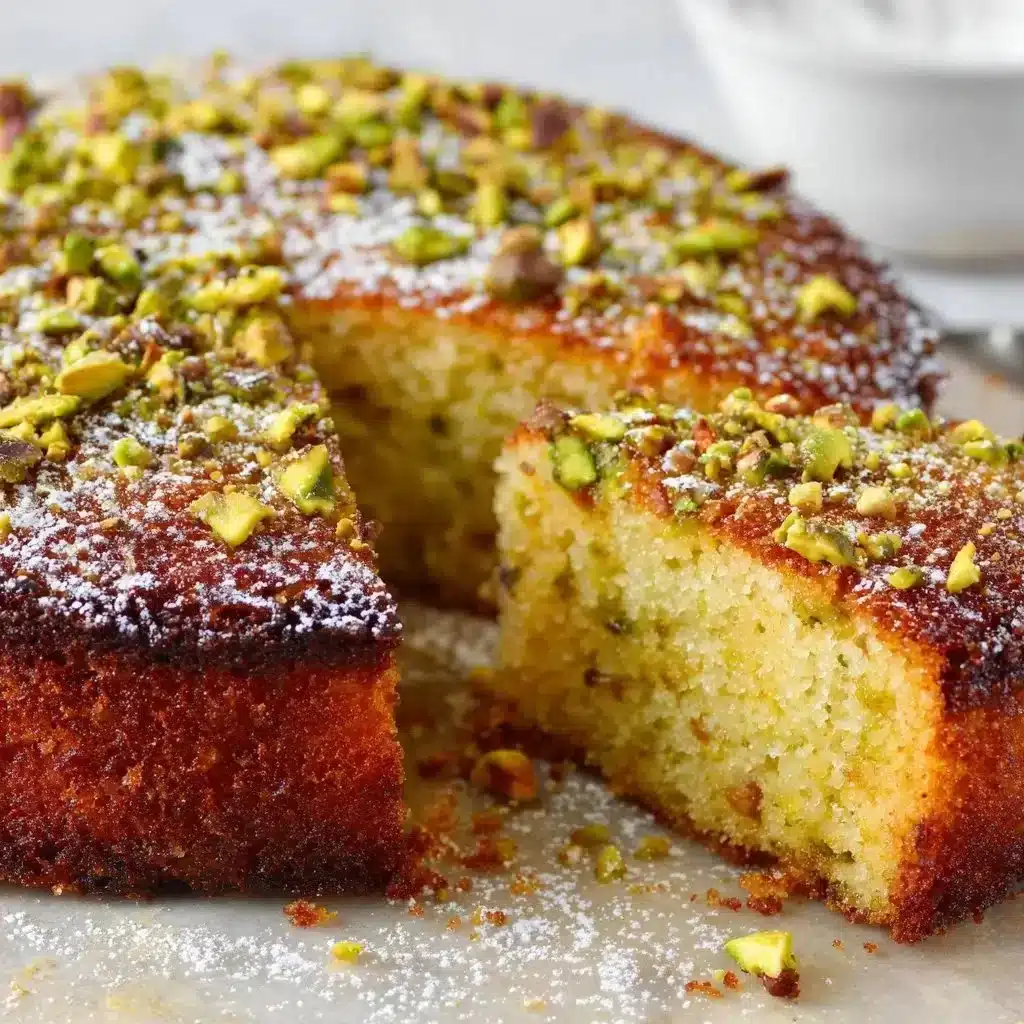 Lemon Pistachio Olive Oil Cake 2 Sliced lemon pistachio olive oil cake with lemon zest and pistachios on top