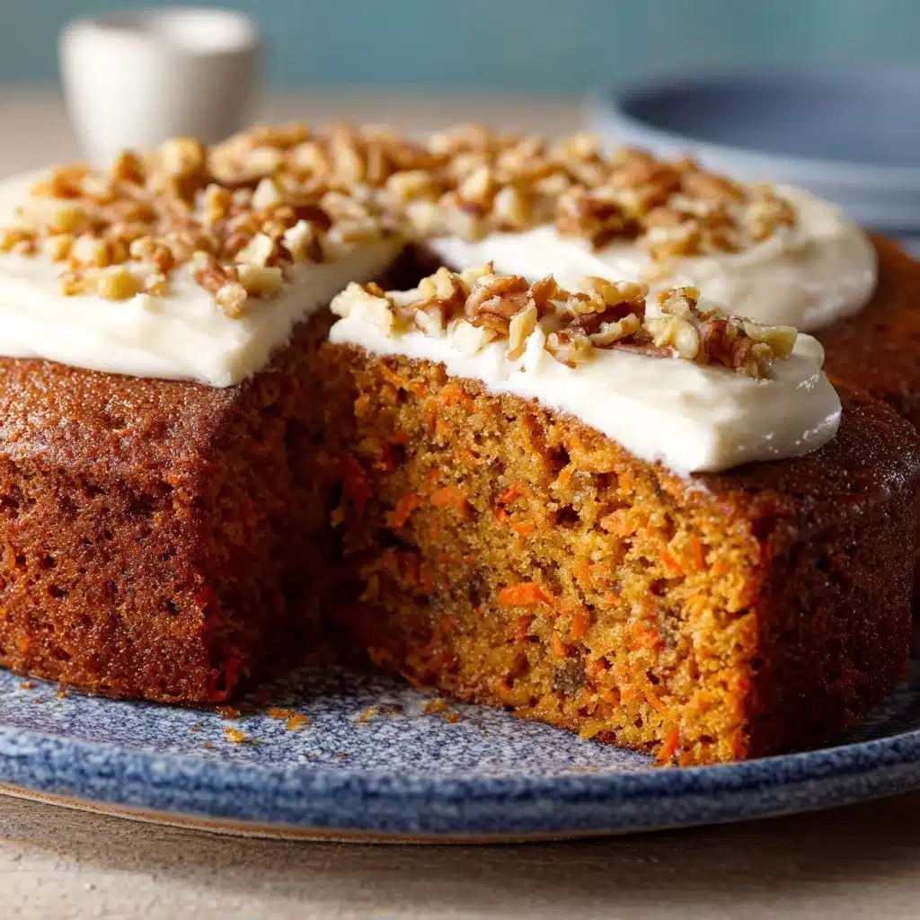 Moist carrot cake topped with cream cheese frosting on a white plate
