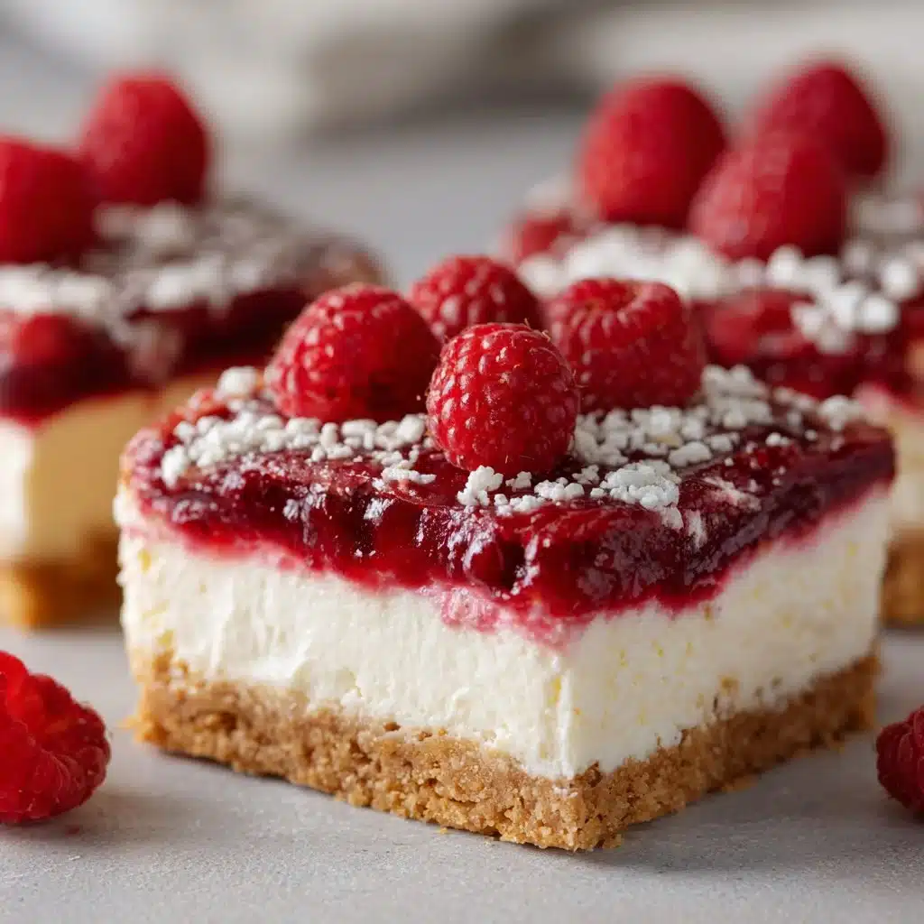 No-Bake Raspberry Cheesecake Bars 3 No-Bake Raspberry Cheesecake Bars topped with fresh raspberries
