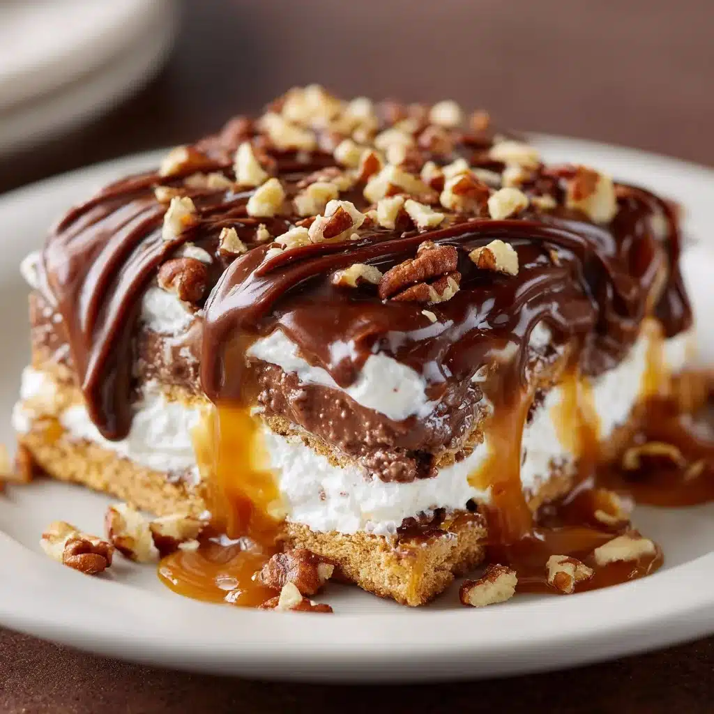 Delicious No-Bake Turtle Lasagna Dessert with layers of caramel, chocolate, and pecans.