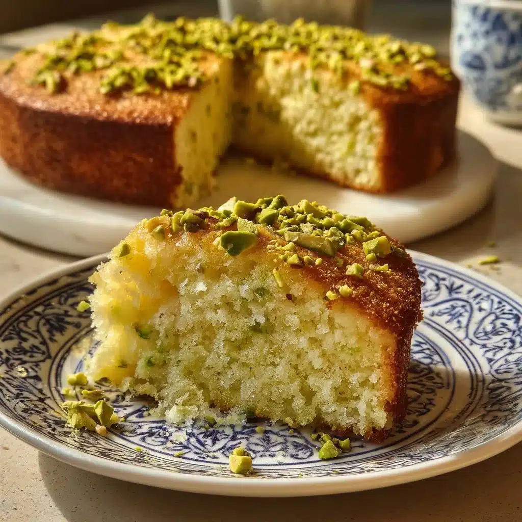 Pistachio Ricotta Cake 3 Delicious Pistachio Ricotta Cake topped with crushed pistachios and cream.