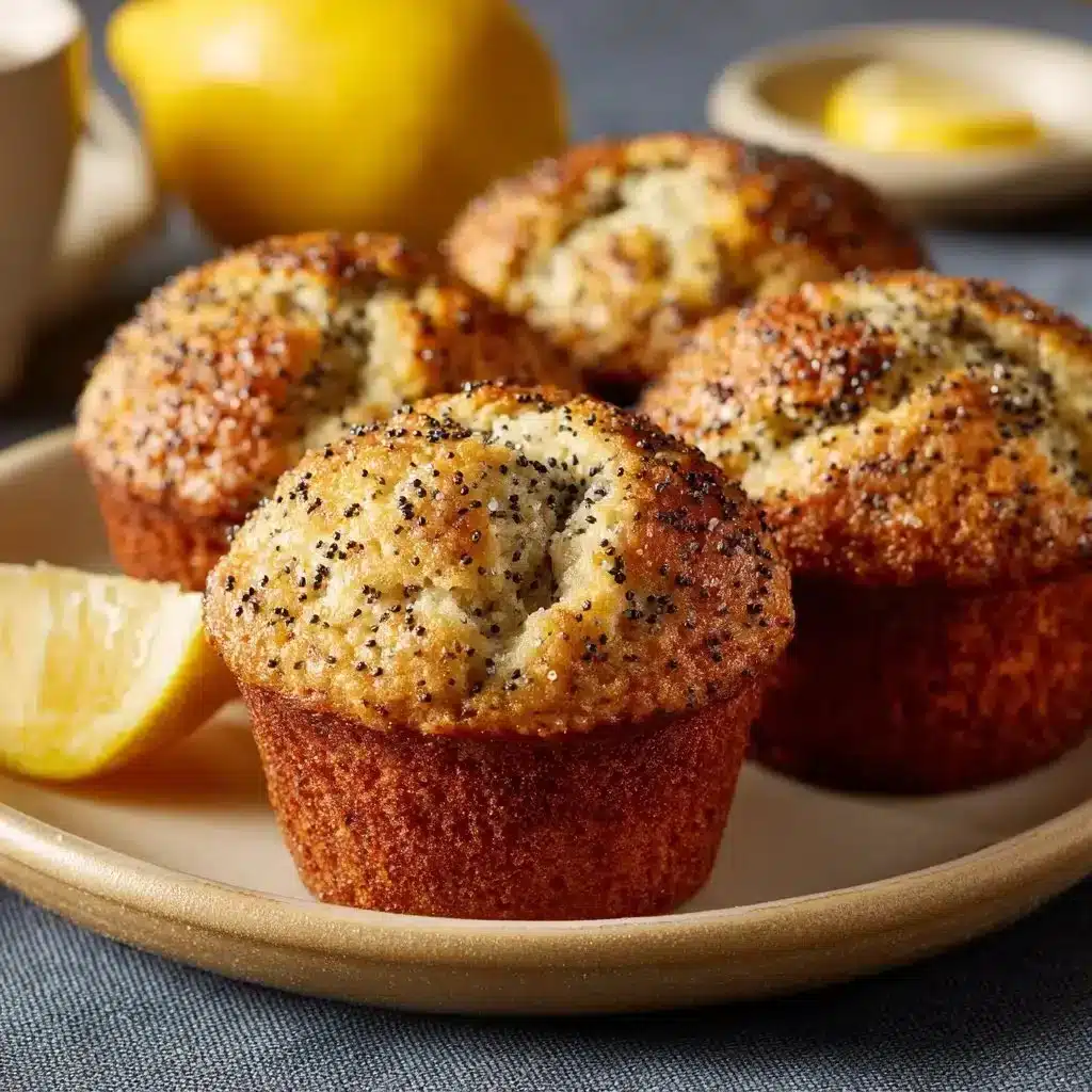 Sourdough Lemon Poppy Seed Muffins 2 Sourdough lemon poppy seed muffins on a wooden table