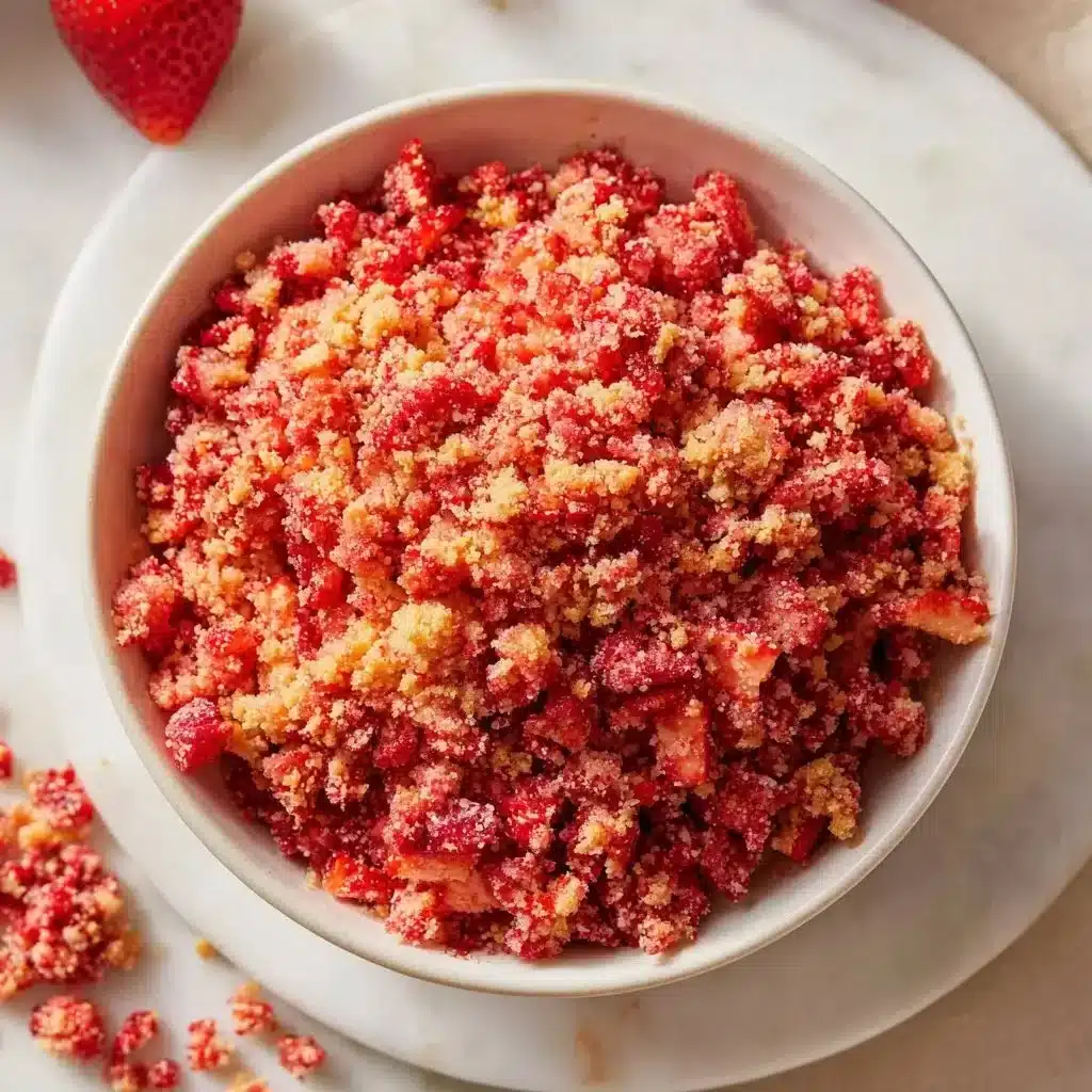 Delicious strawberry crumble topping on a dessert plate