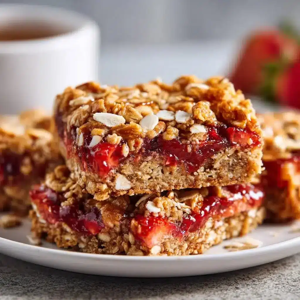 Delicious Strawberry Oatmeal Bars 2 Strawberry oatmeal bars with fresh strawberries and oats on a wooden table
