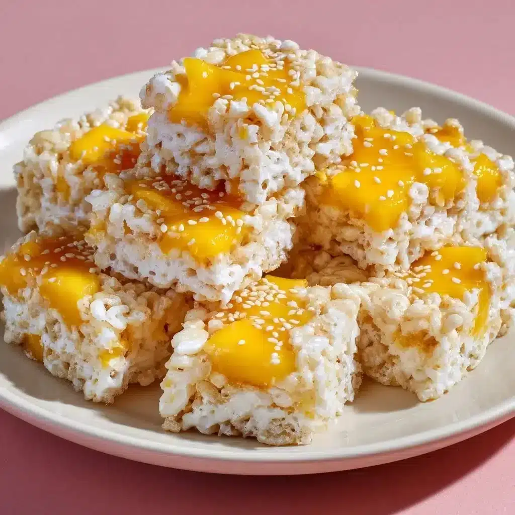 Thai Mango Sticky Rice Crispy Treats 2 Thai mango sticky rice crispy treats showcasing vibrant colors and textures.