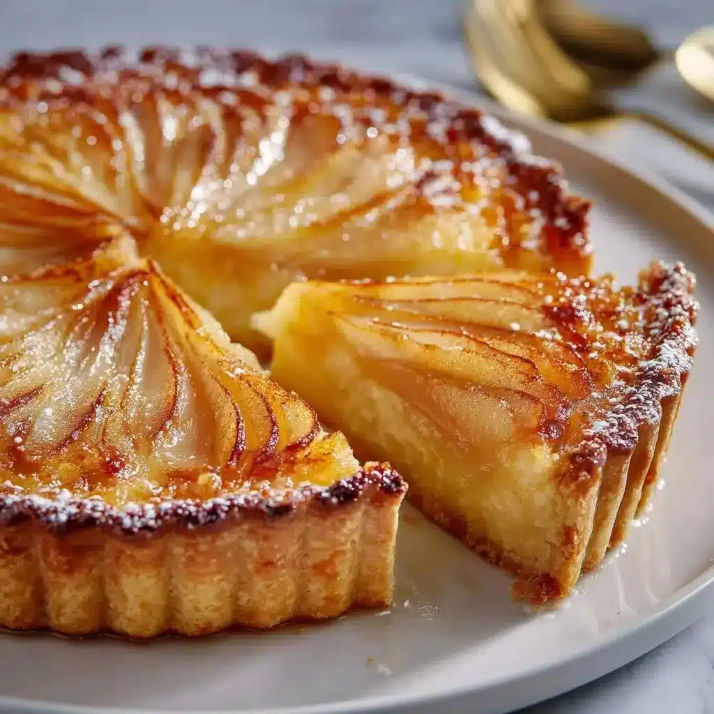 Almond Cream Frangipane Tart with Pears 3 Almond Cream Frangipane Tart with Pears, showcasing a delicious pastry filled with almond cream and topped with ripe pears.
