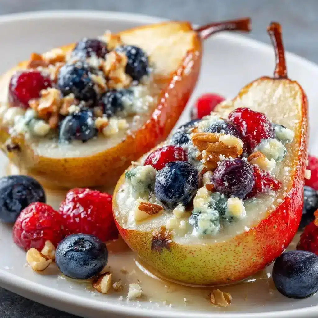 Baked Pears with Berries and Blue Cheese 3 Deliciously baked pears topped with fresh berries and blue cheese