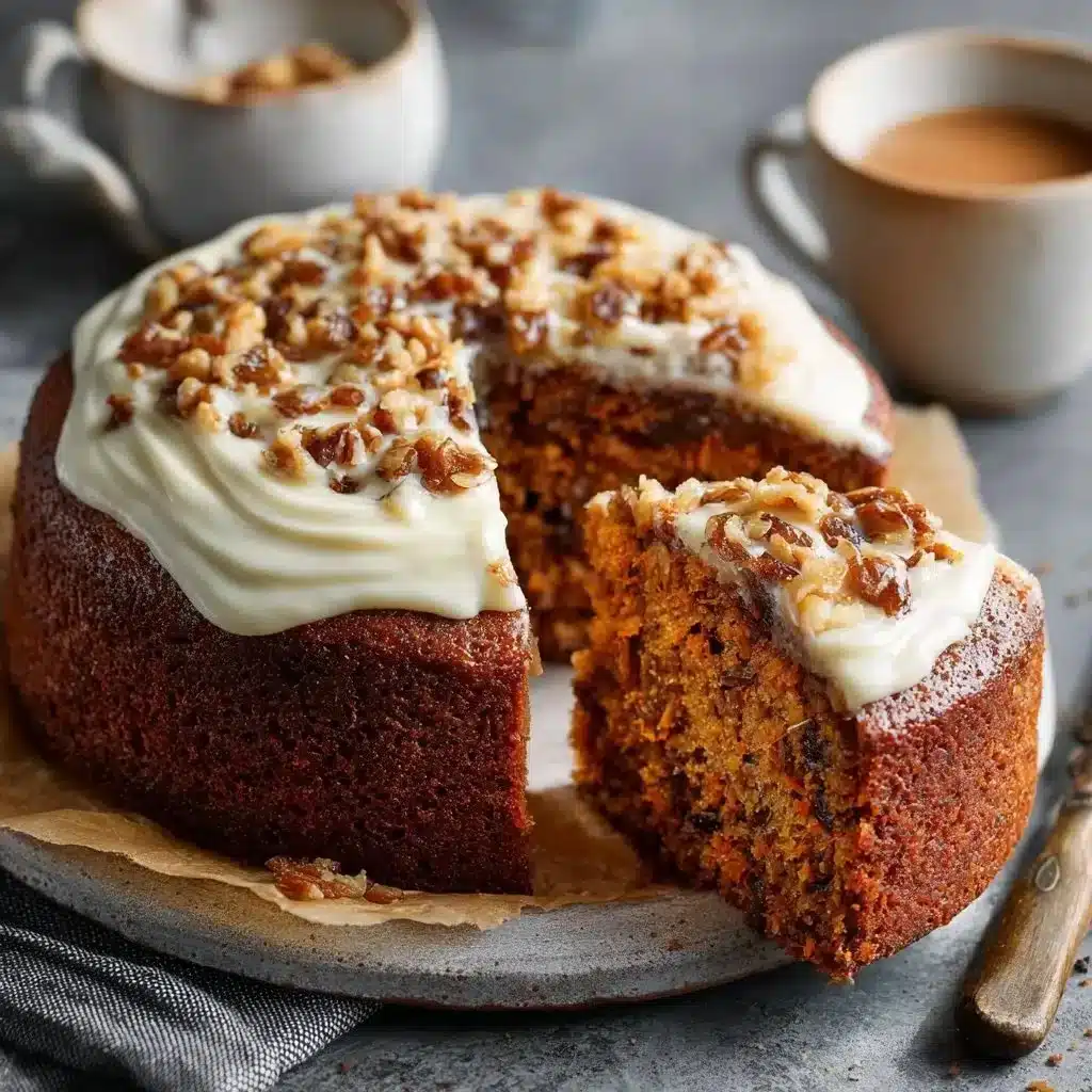 Delicious carrot date spice cake topped with cream cheese frosting and spices