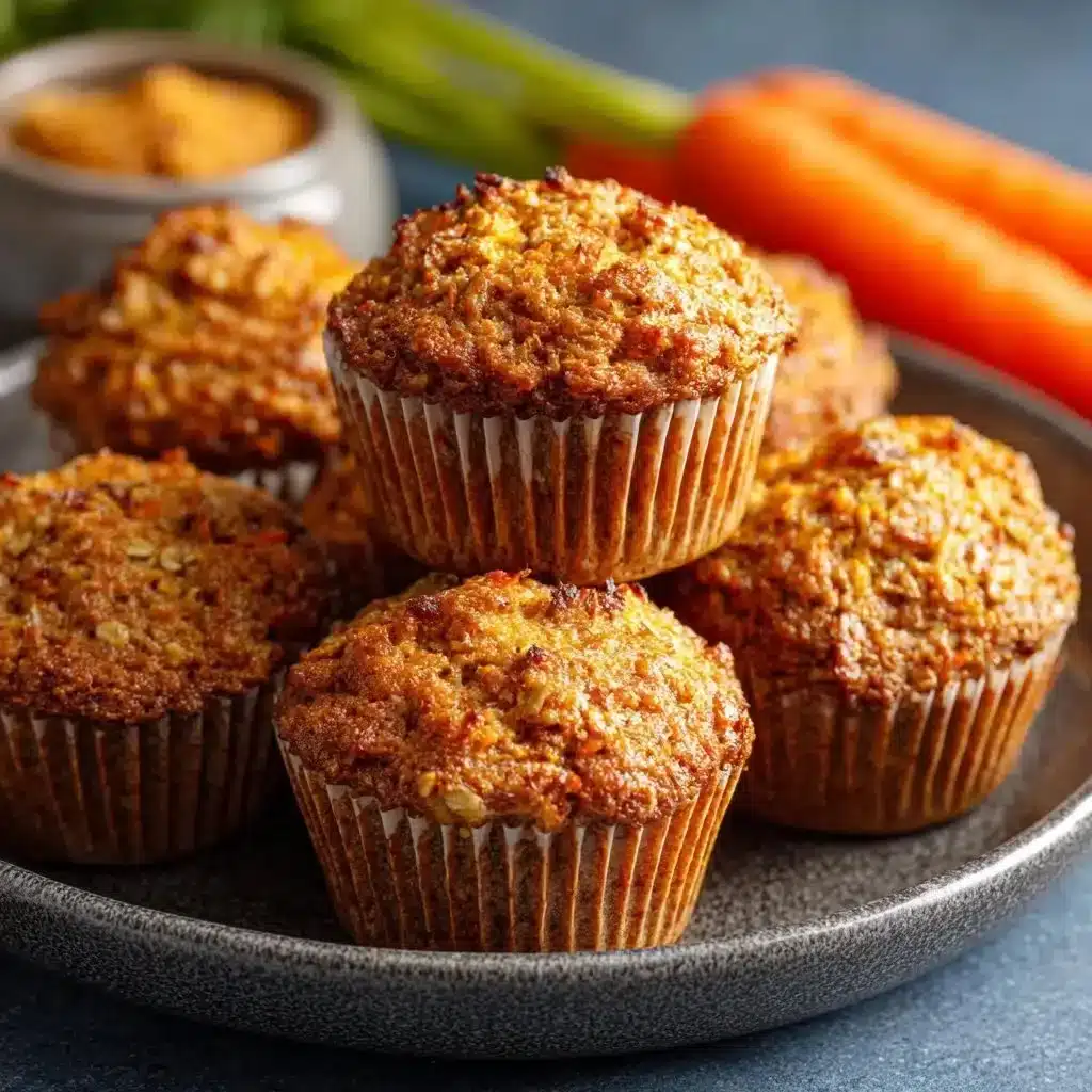 Carrot Oatmeal Muffins 3 Freshly baked Carrot Oatmeal Muffins on a wooden table