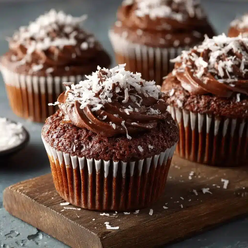 Coconut Chocolate Holiday Cupcakes topped with creamy frosting and coconut flakes