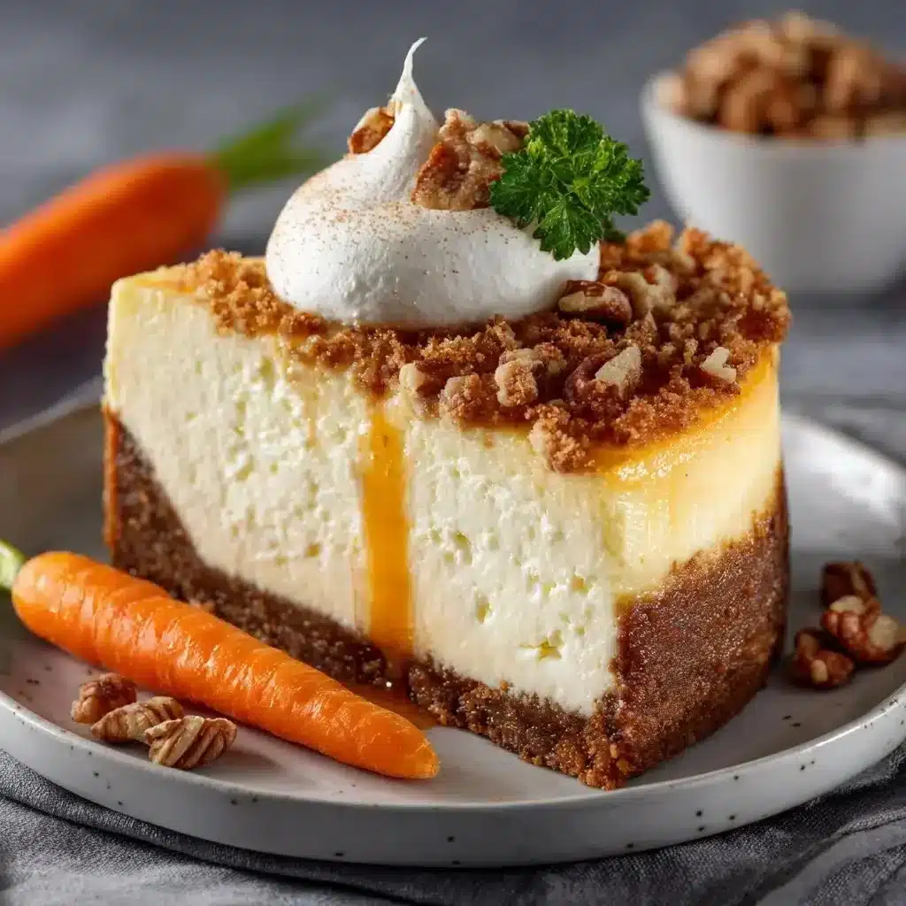 Indulgent Carrot Cake Cheesecake 3 Indulgent carrot cake cheesecake topped with cream cheese frosting and carrot shavings.