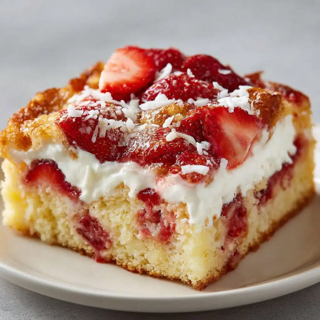 A slice of Strawberry Earthquake Cake topped with fresh strawberries and whipped cream.