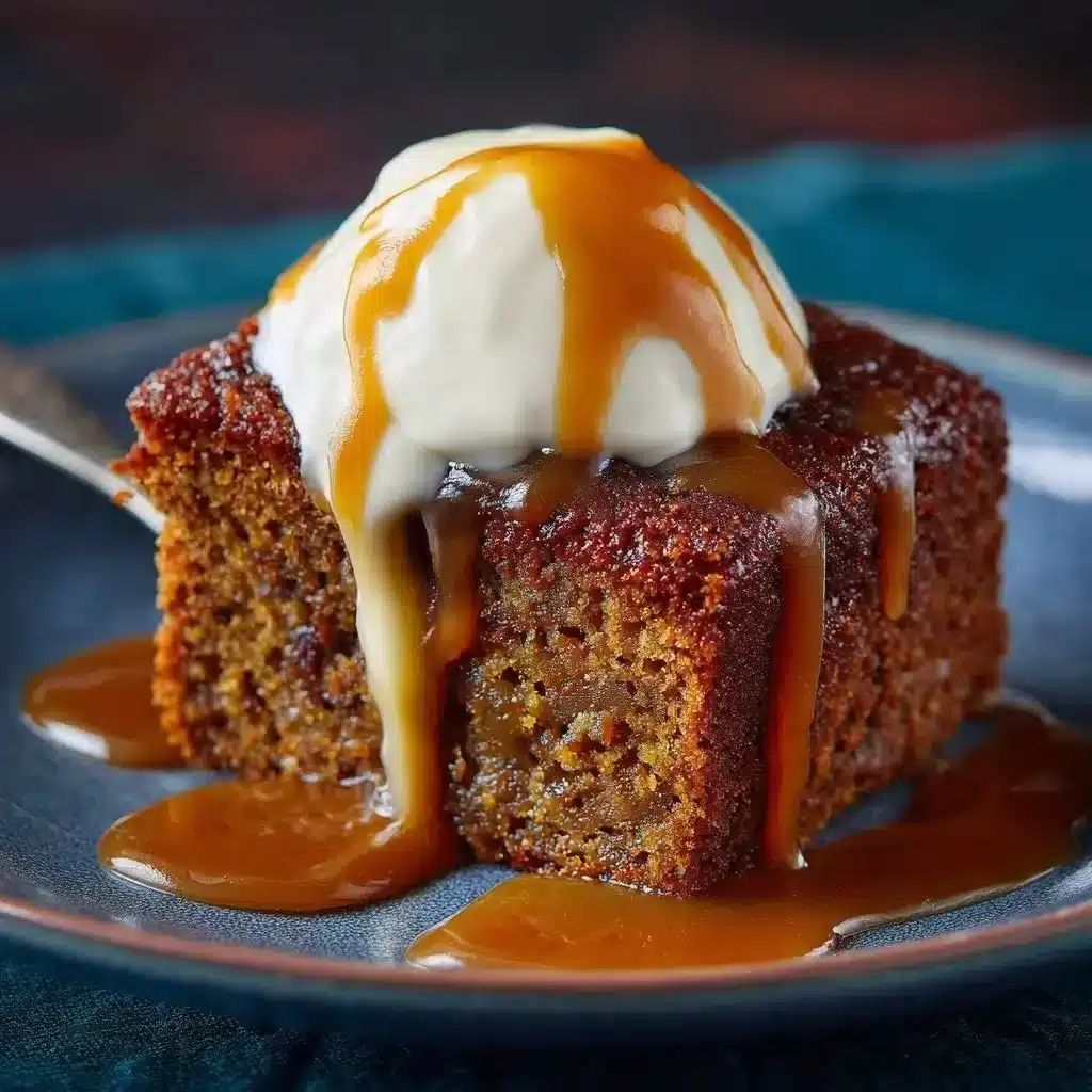 Warm spiced cake drizzled with toffee sauce, perfect for dessert lovers.