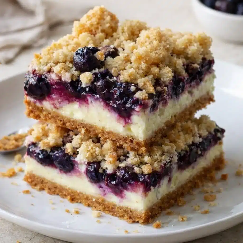 Blueberry crumble cheesecake bars fresh from the oven, served on a plate.