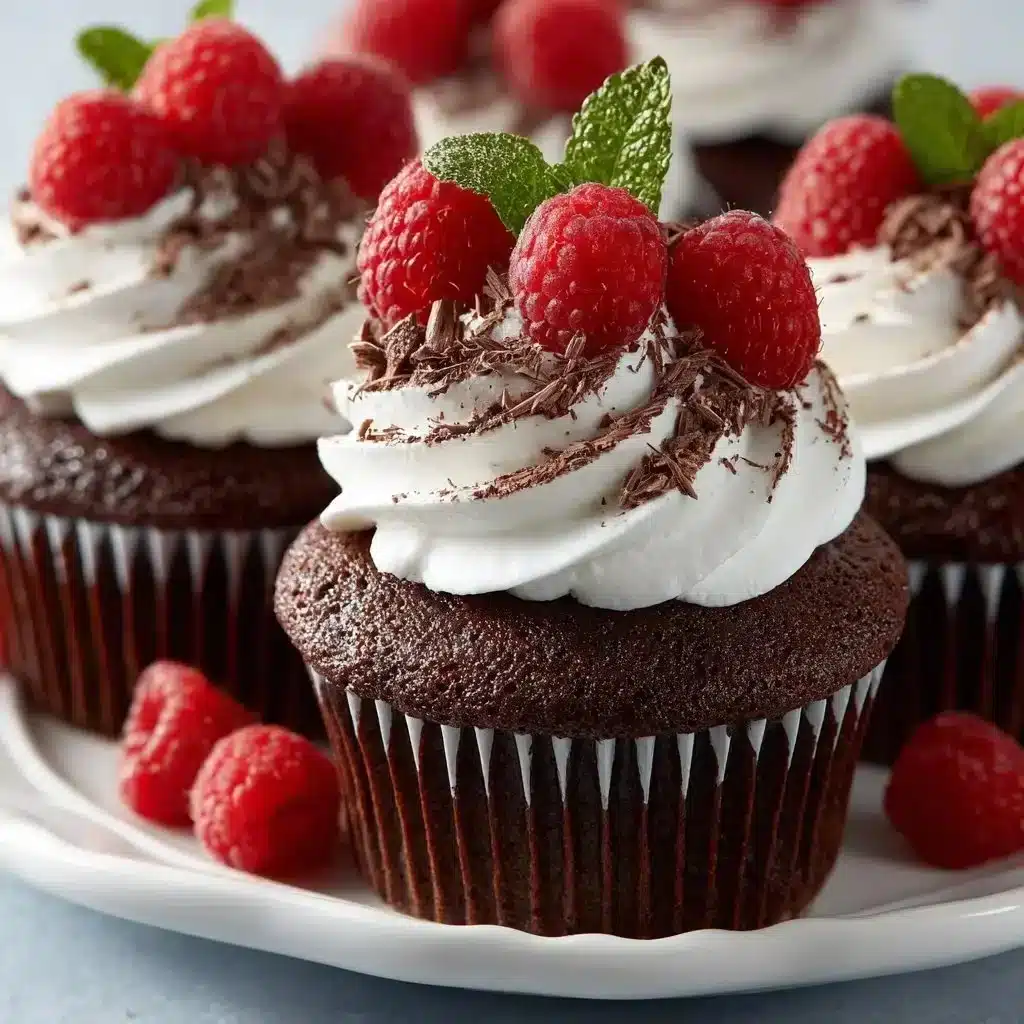 Chocolate Raspberry Cupcakes 3 Decadent Chocolate Raspberry Cupcakes topped with fresh raspberries