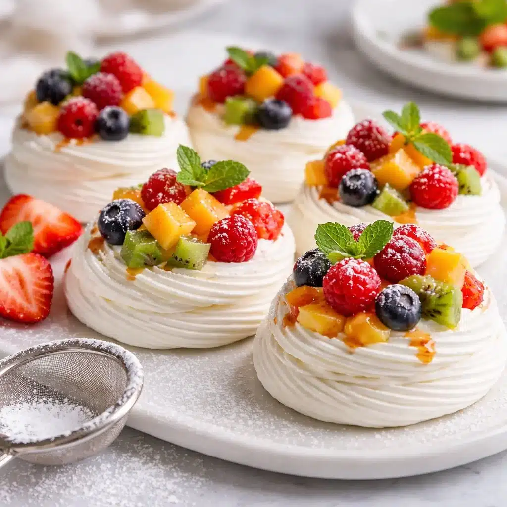Delightful Mini Pavlovas with Fresh Fruit and Cream 3 Mini pavlovas topped with fresh fruit and cream dessert