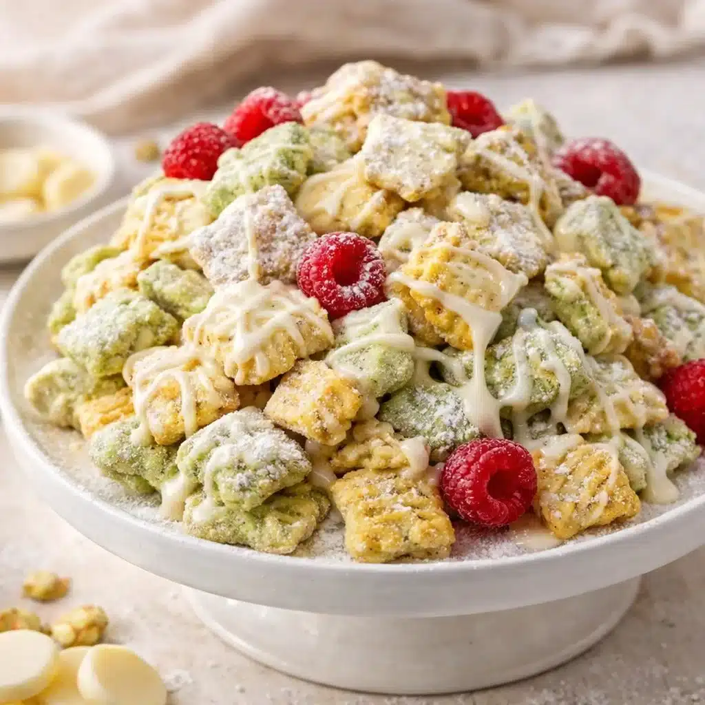 Pistachio muddy buddies snack mix with a sweet pistachio coating