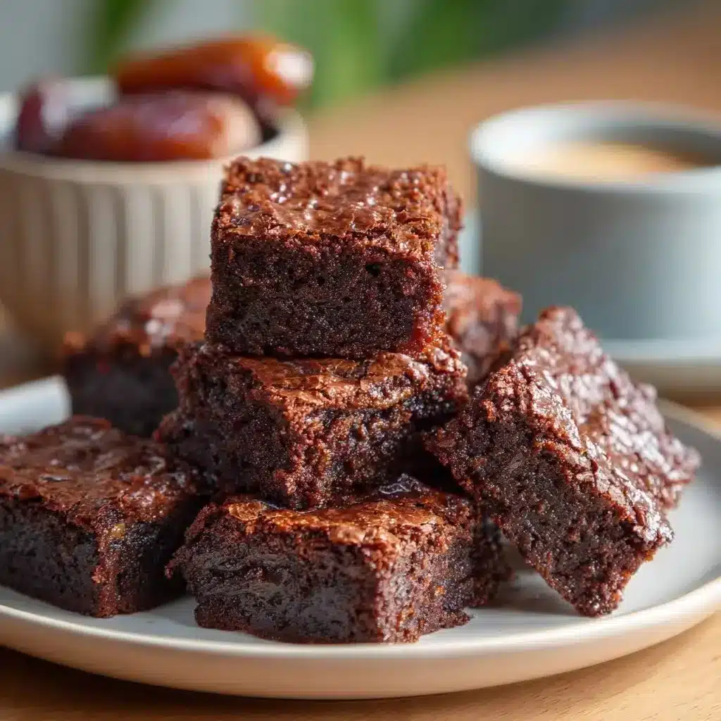 Fudgy Flourless Date Brownies 2 Fudgy flourless date brownies topped with chocolate drizzle on a plate.