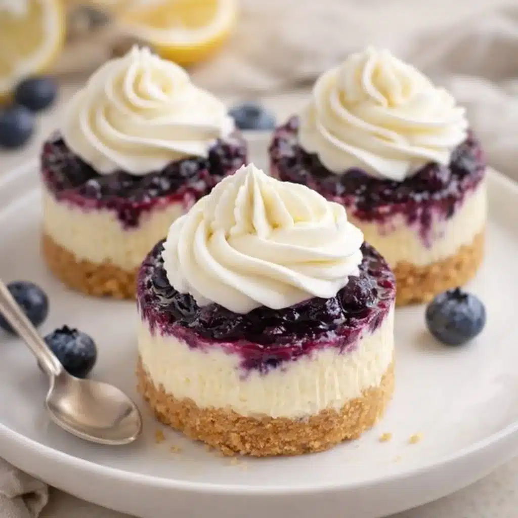 Healthy mini lemon blueberry cheesecakes with blueberries and lemon zest
