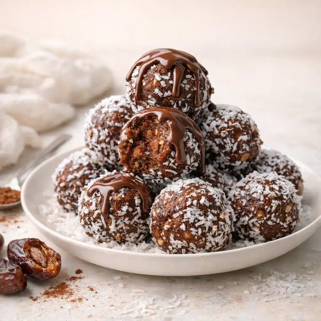Indulgent Date Brownie Balls 3 Indulgent date brownie balls on a dessert plate