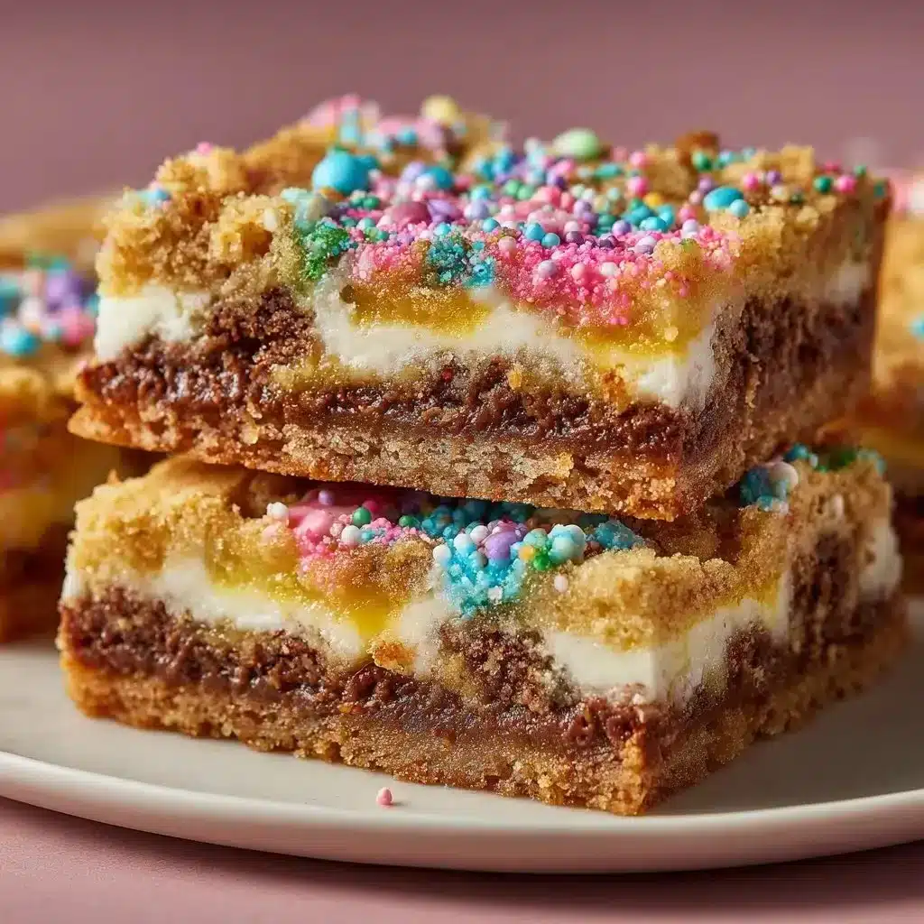 Indulgent Pop Tart Cookie Bars 3 Deliciously indulgent Pop Tart Cookie Bars topped with icing and sprinkles.