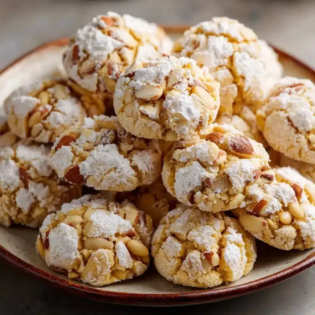 Italian Pine Nut Cookies 3 Homemade Italian Pine Nut Cookies on a plate, freshly baked and golden brown