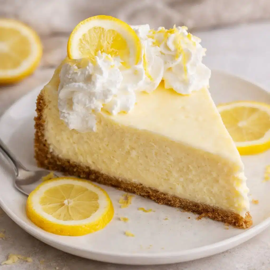Smooth lemon cheesecake topped with fresh lemons and creamy filling.