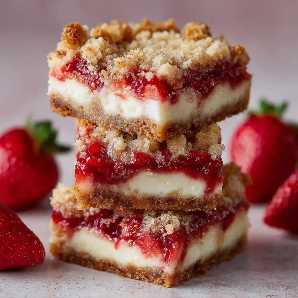 Strawberry Cheesecake Crumb Bars 3 Delicious strawberry cheesecake crumb bars on a white plate