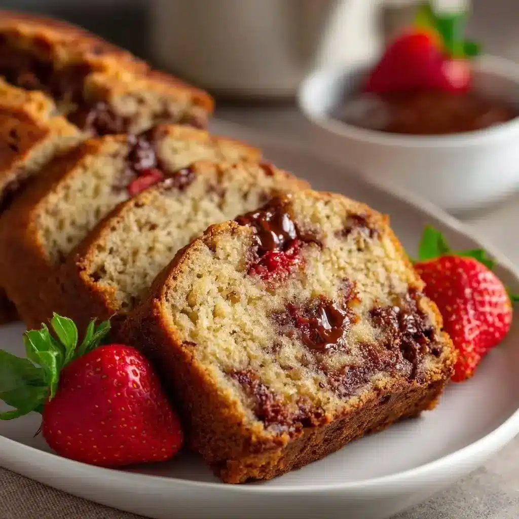 Strawberry Chocolate Banana Bread 2 A slice of Strawberry Chocolate Banana Bread on a wooden table