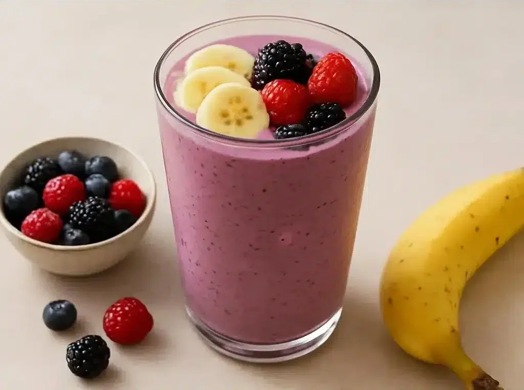 Berry Greek Yogurt Smoothie in a glass with fresh berries on top