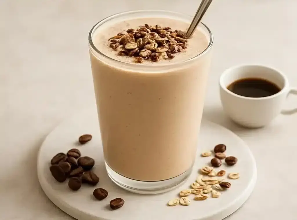 A creamy Greek yogurt coffee smoothie in a glass with coffee beans and yogurt on the side.