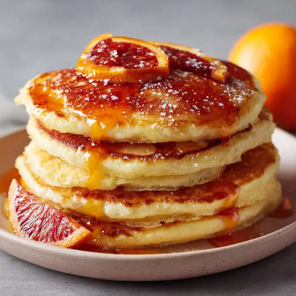 Blood Orange Infused Fluffy Pancakes: A Citrus Delight 3 Fluffy blood orange pancakes topped with citrus slices and syrup on a plate