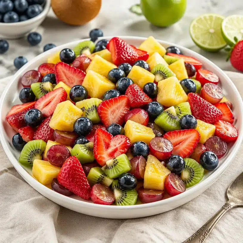 Colorful Fruit Salad 3 Bowl of colorful fruit salad with various fruits like strawberries, kiwi, and pineapple