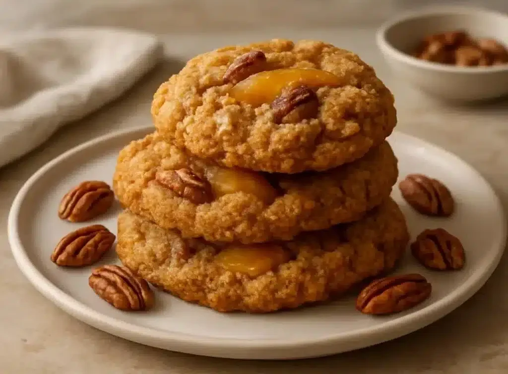 Delicious Peach Cobbler Cookies 3 Delicious peach cobbler cookies fresh out of the oven with peaches and a golden crust