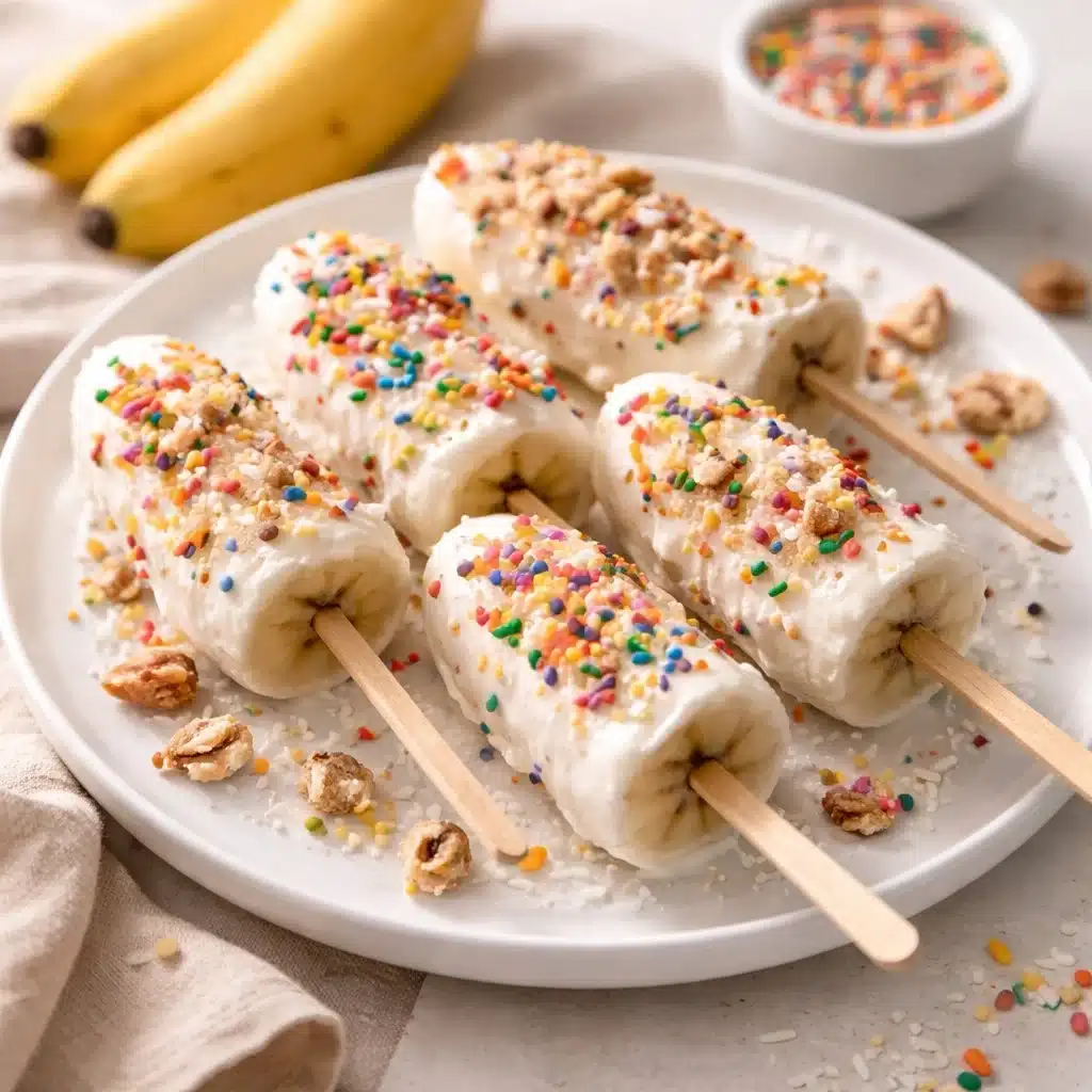 Delightful Frozen Yogurt Banana Pops 3 Delicious frozen yogurt banana pops on a wooden stick, perfect summer treat.