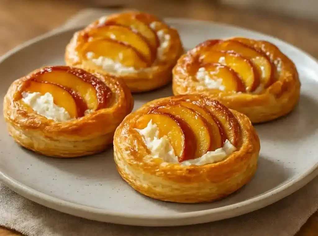 Delightful Mini Peach and Cream Cheese Tarts 3 Delightful mini peach tarts with cream cheese filling on a white plate