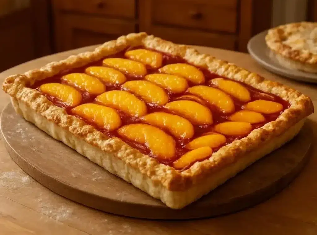 Delightful Peach Slab Pie: A Slice of Summer Bliss 3 Delightful peach slab pie with fresh peaches and golden crust