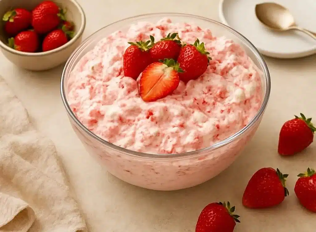 Delightful Strawberry Fluff Salad 3 Bowl of Delightful Strawberry Fluff Salad with fresh strawberries and whipped cream