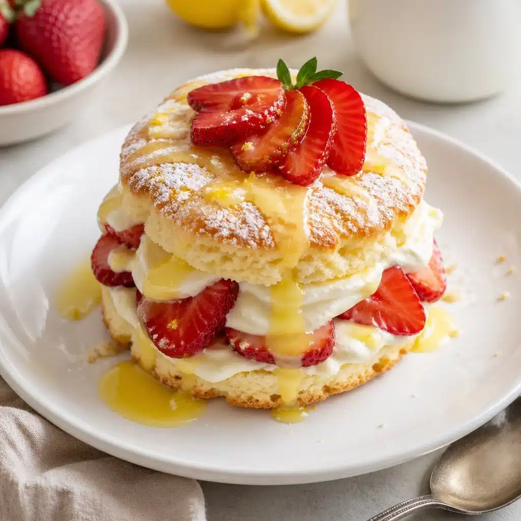 Delicious strawberry shortcake with lemon cream sauce served on a plate.