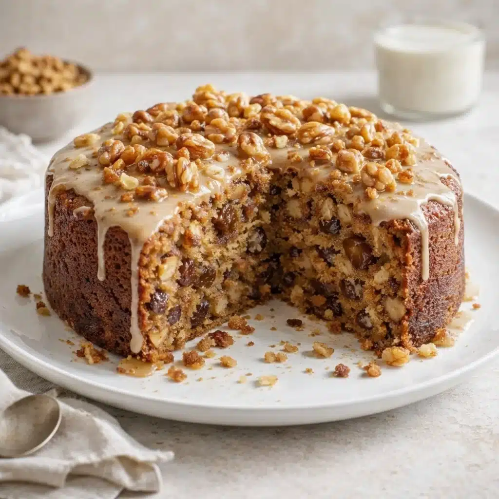 Delightful Walnut and Date Cake 3 Delicious walnut date cake topped with nuts and served on a wooden table