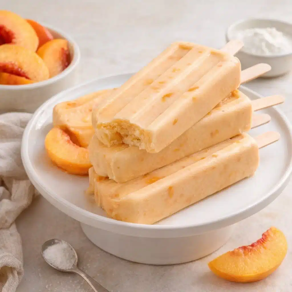 Delightfully creamy peach popsicles with fresh peach slices