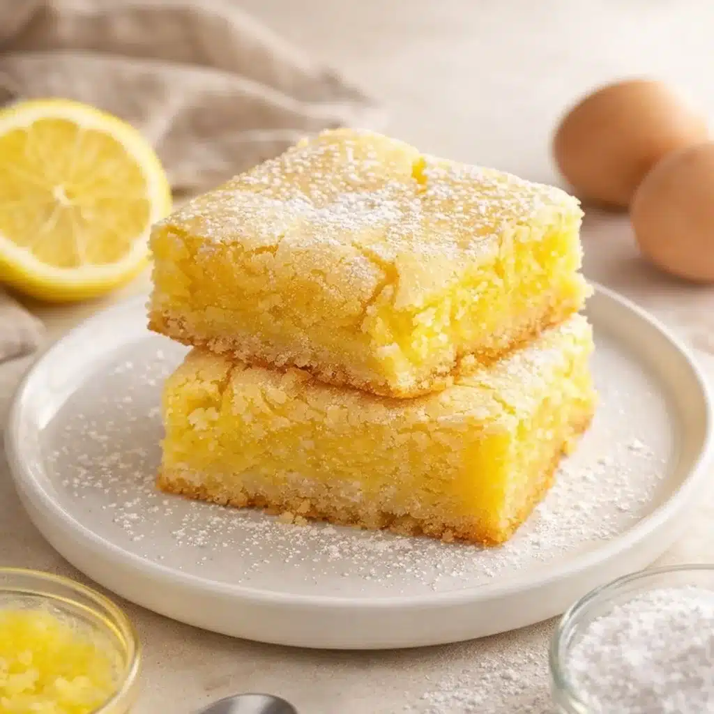 Delightfully Tangy Lemon Brownies 3 Delightfully tangy lemon brownies on a plate with lemon slices.