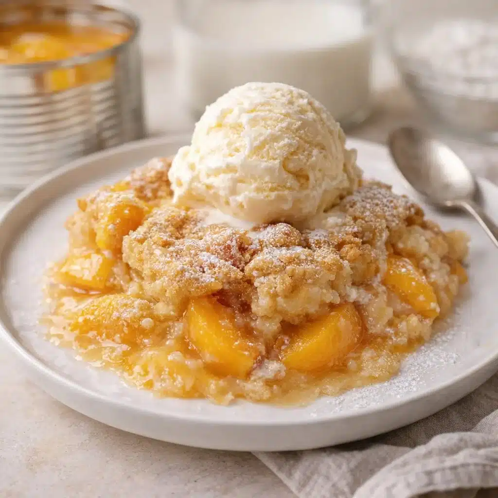 Easy Peach Cobbler with Canned Peaches 3 Delicious easy peach cobbler made with canned peaches, served in a dish.