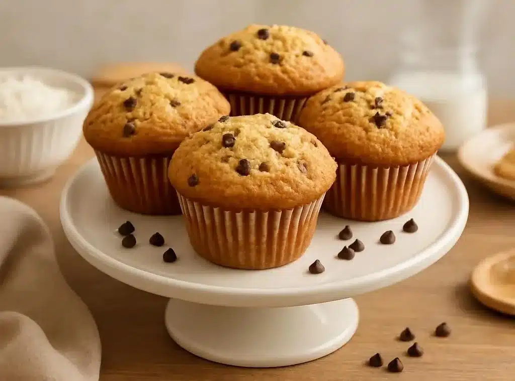 Fluffy Chocolate Chip Muffins 3 Freshly baked fluffy chocolate chip muffins on a cooling rack