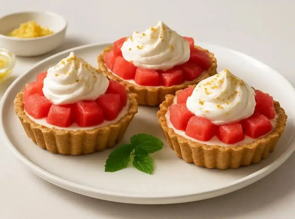 Frozen watermelon lemon cream tarts dessert on a summer day