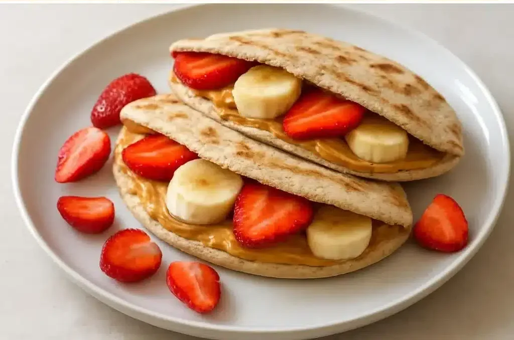 Fruity Peanut Butter Pitas 3 Fruity peanut butter pitas filled with fresh fruits and creamy peanut butter