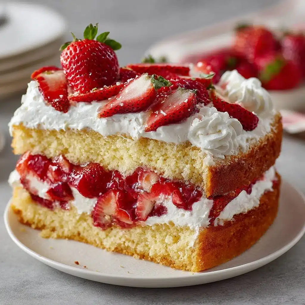 Gluten free strawberry shortcake cake topped with fresh strawberries and whipped cream